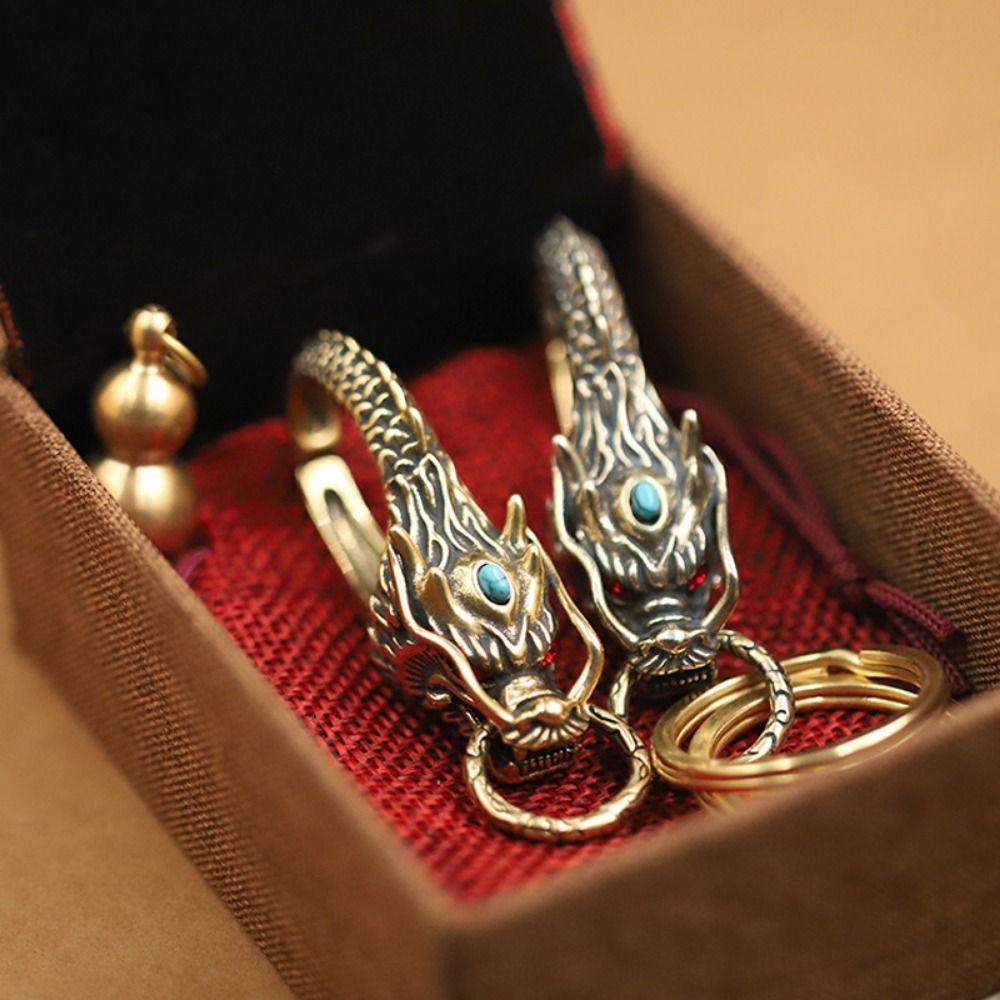Vintage Dragon Head Key Chains Rhinestone Inlay Key Ring Pendant  Decorations Accessories