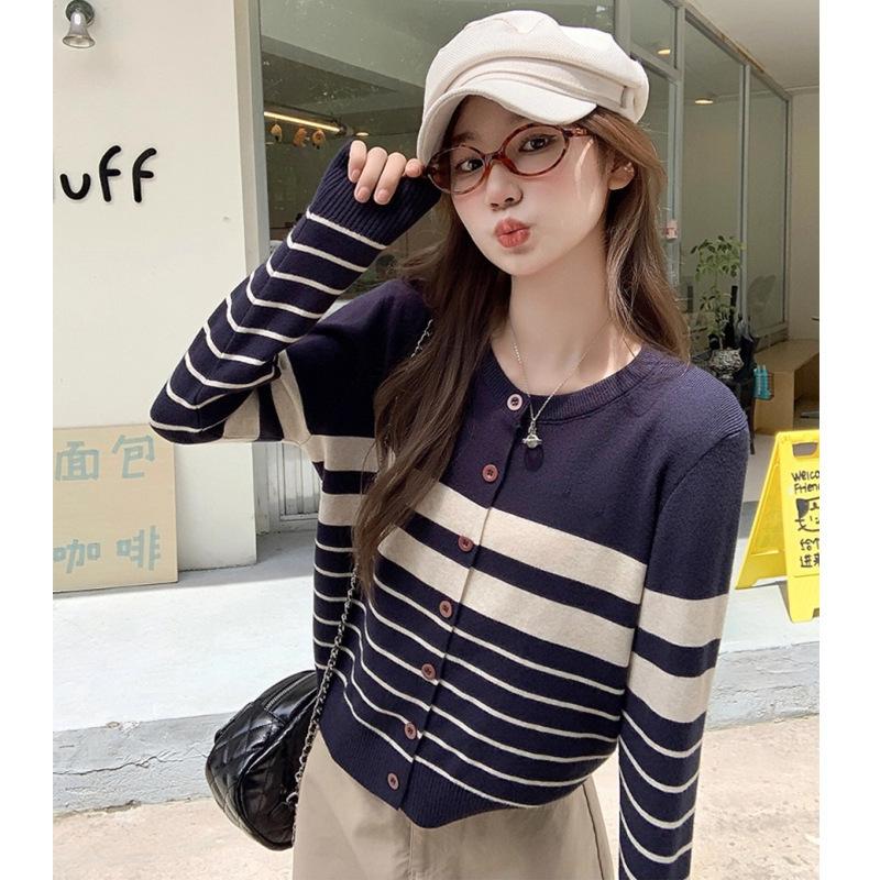 Casual lazy wind striped knitted cardigan women's autumn and winter new loose and thin soft waxy sweater jacket top