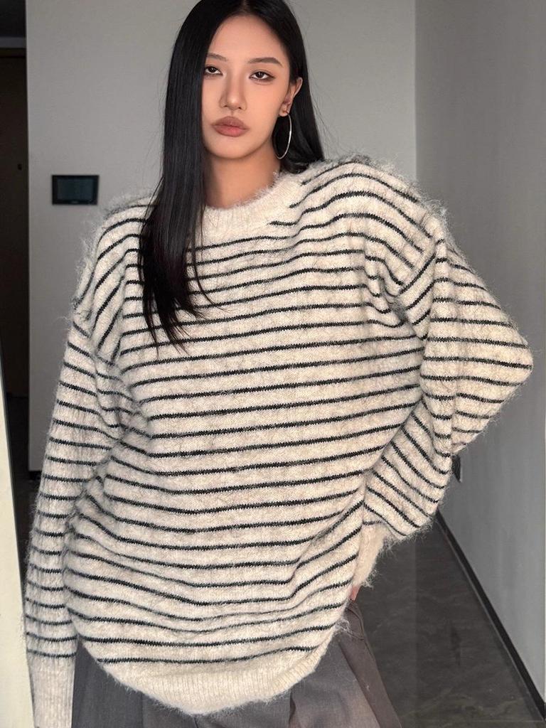 Unisex Retro Striped Oversized Pullover Sweater