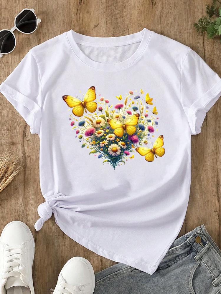 (Asian Size) Feather Trend Cute Print O-neck Short Sleeve T-shirts Fashion  Casual Women's Top T Female Clothing  Graphic Tee