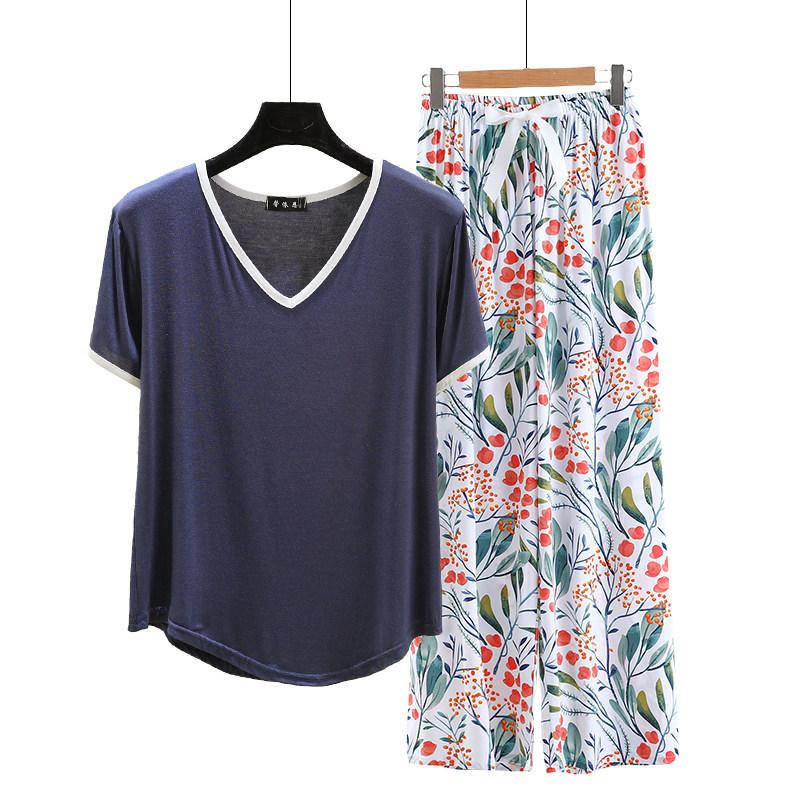 Modal Loungewear V-Neck color-block Tshirt and Floral Wide leg pants Summer Thin Pajamas sets Casual Plus size Homewear 2pcs suit Comfort clothing