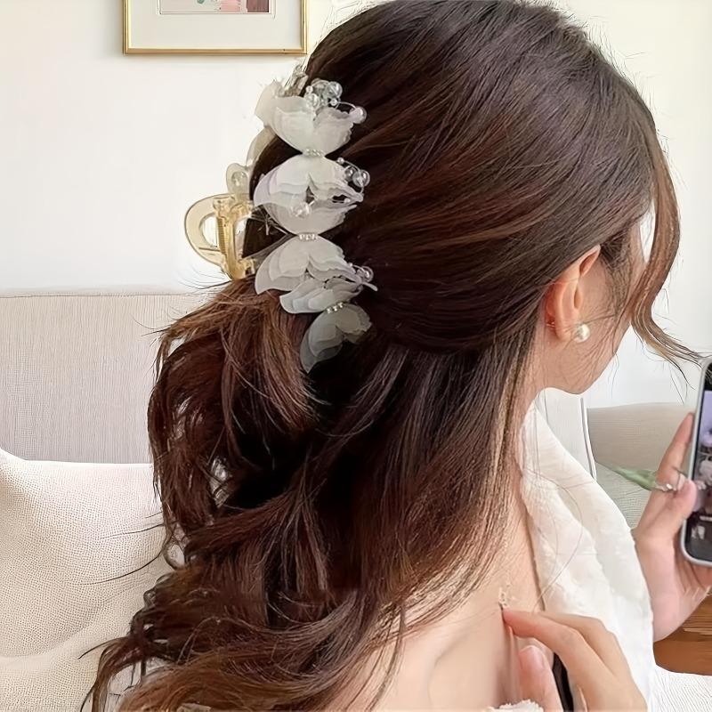 2Pcs Embroidery Butterfly Hair Claw Clips - Elegant Pearl Tassel Shark Clip Pins for Women, Sweet Fairy Hair Accessories