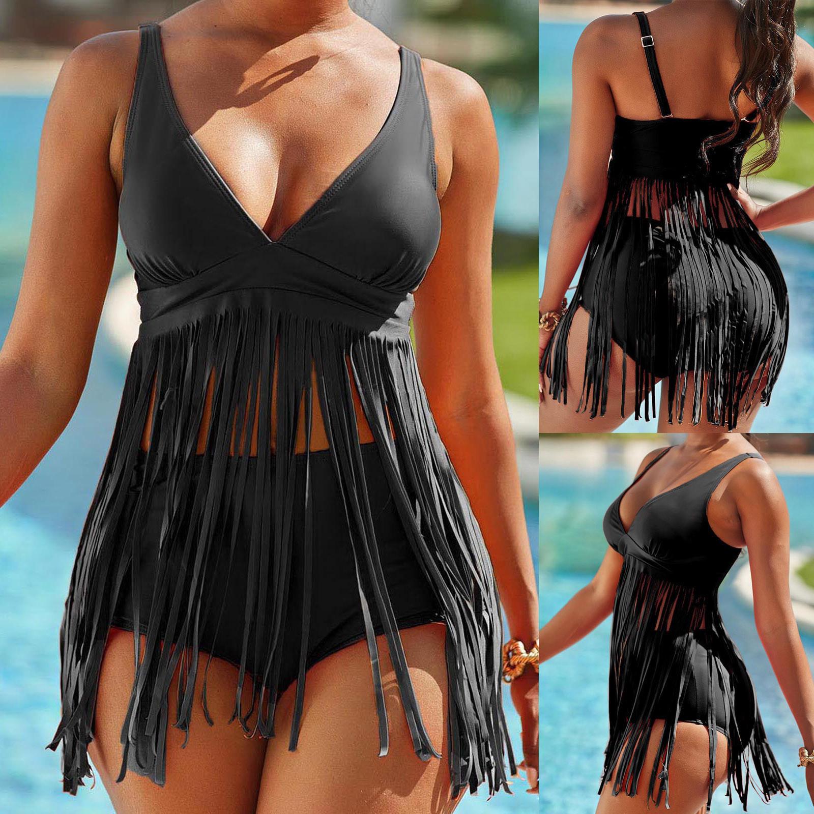 

Женская мода сексуальный сплит высокая талия бахрома бикини пляжные купальники