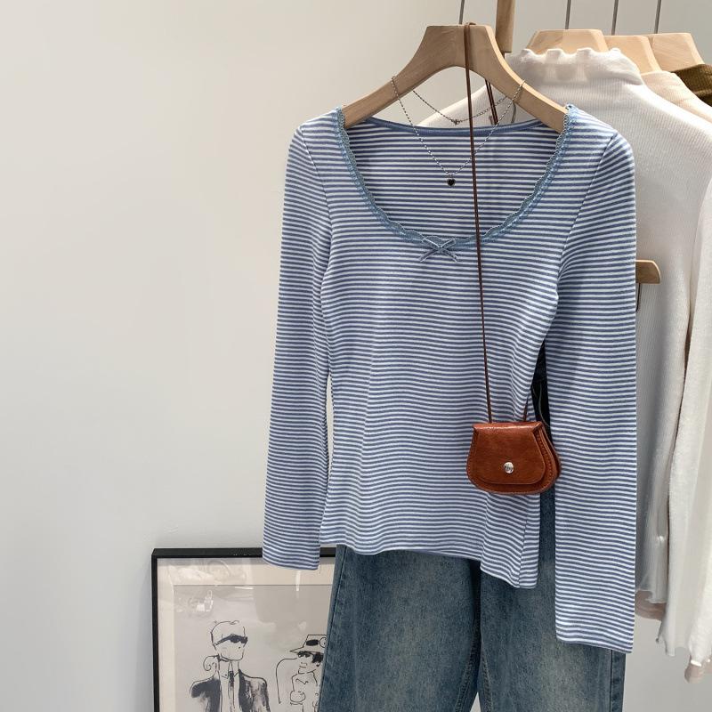 Korean V-Neck Lace Long-Sleeve Women s Striped Top - Spring College Style New Arrival Extra Large