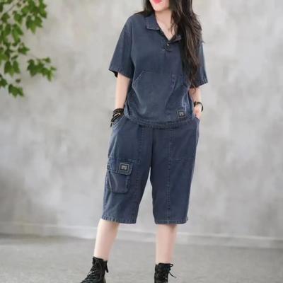 Plus Size Women's Summer Thin Denim Suit Loose Short-sleeved Six-point Pants Two-piece Suit