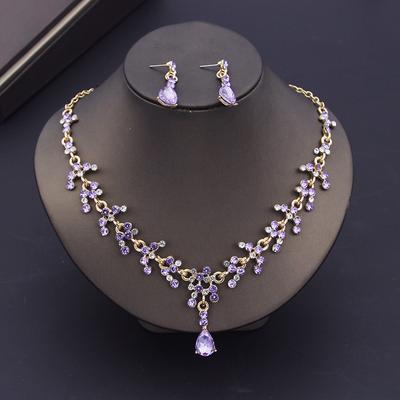 Luxuriöse Lila Kristall Brautschmucksets für Frauen Ohrring Hochzeit Choker Halskette Set Brautschmucksets Accessoires