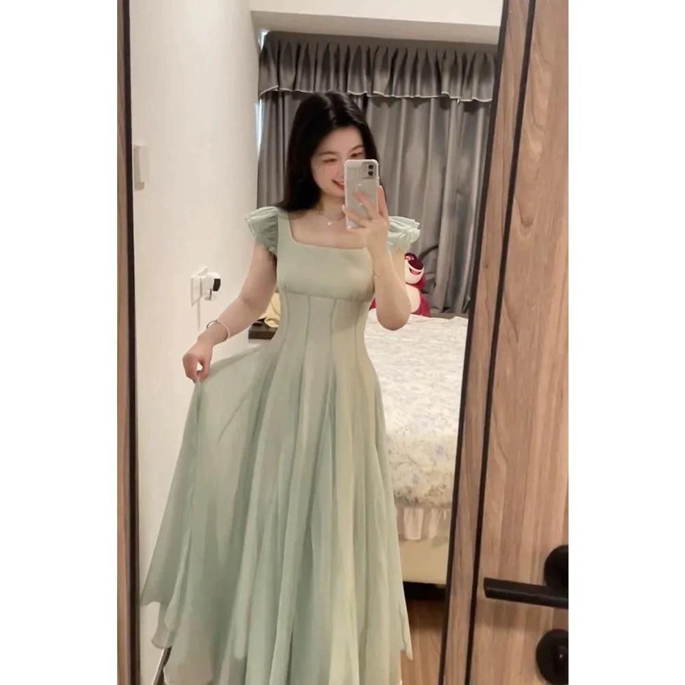 French Sweet Small Fresh Dress Women's Summer Small Waist Thin Mint Green Girl Skirt Super Beautiful