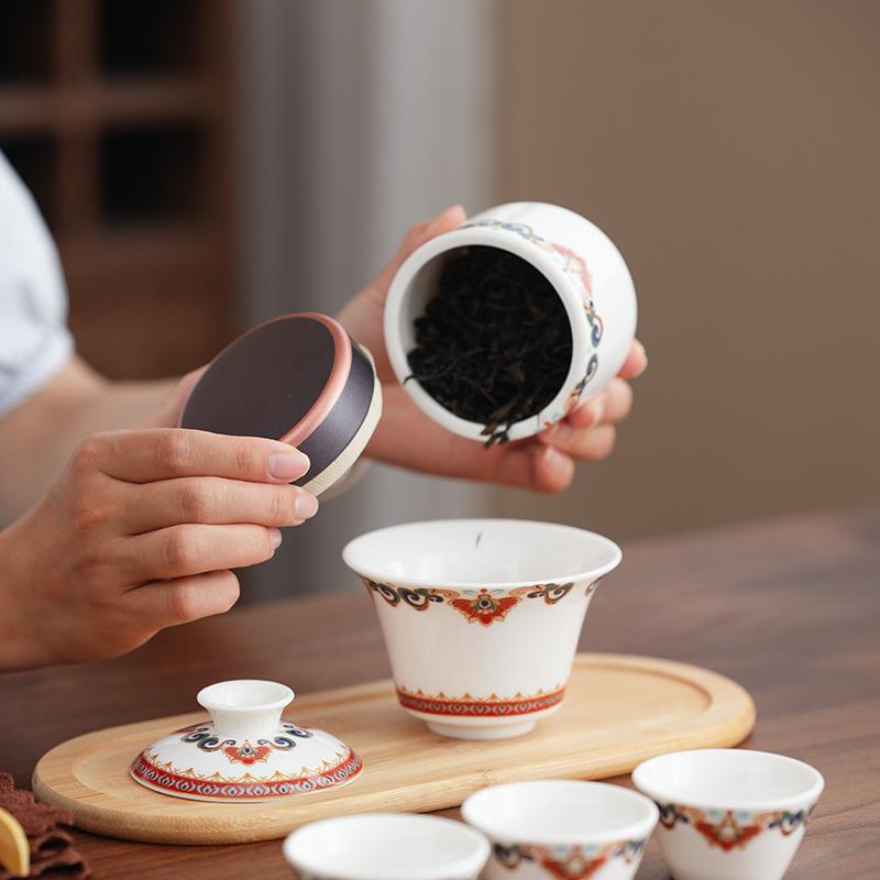 mutton fat jade red Dunhuang gaiwan travel tea set kung fu tea set teapot car fast passenger