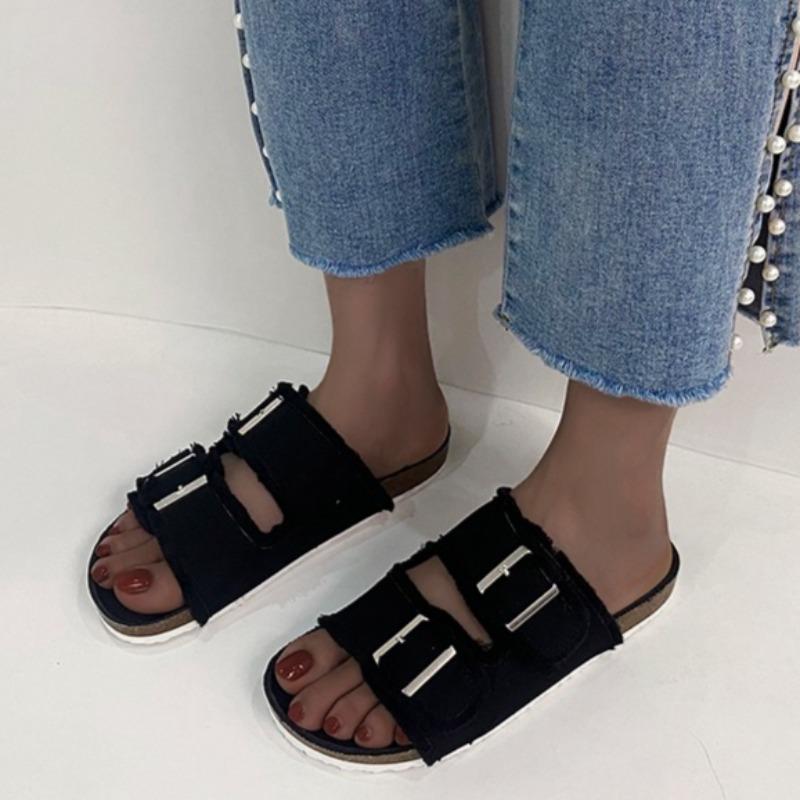 Fashion Fabric Roman Slippers Summer New Round Toe Metal Buckle Soft Sole Non-slip Wear-resistant Plus Size Flats