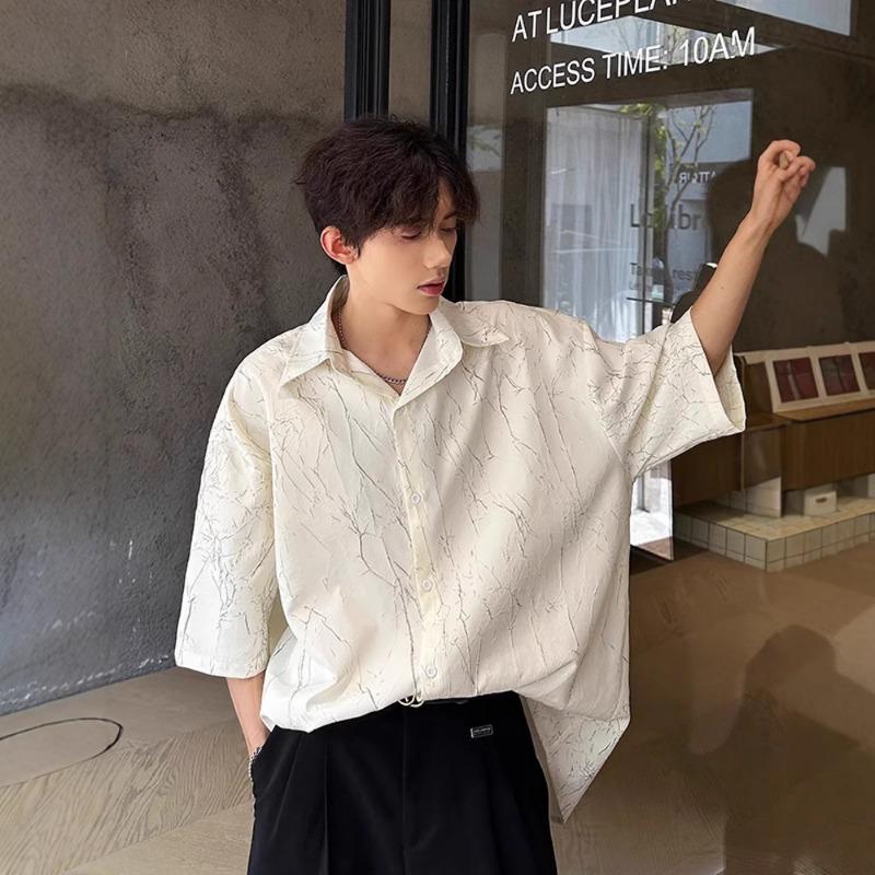 

Men Scratch Print Oversized Short Sleeve Button Down Shirt Casual Loose Breathable Streetwear Summer Top M белый
