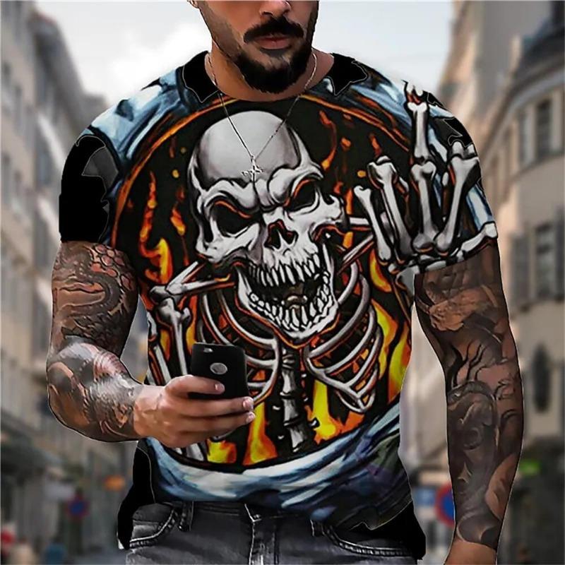 Men's Casual T-Shirt, Gothic Skull Heart Hands Graphic Black Short Sleeve Crew Neck Tee Cool Streetwear Halloween Fashion Top