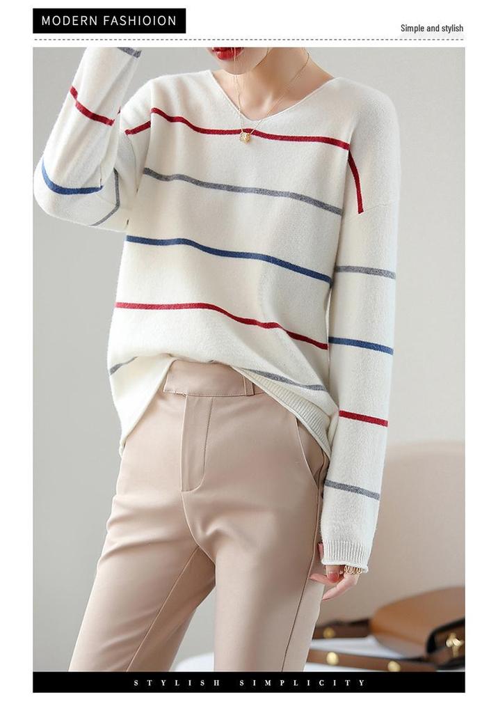 Women's Pure Wool Striped Round Neck Sweater - Slimming Loose Knitwear for Autumn and Winter.