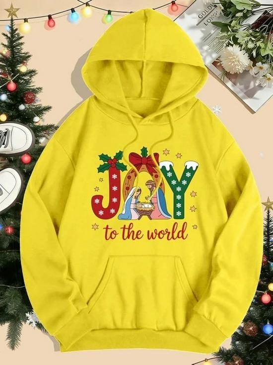 Women’s Merry Christmas Happy World Print Pocket Loose Hoodie