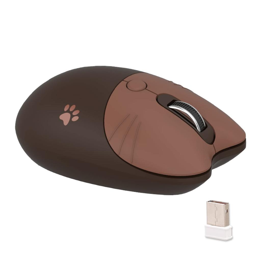 Cute Cat 2.4G USB Wireless Mouse for Women and Kids, Stylish, Colorful, Quiet, Compatible with PCs and Laptops (Coffee Cat)