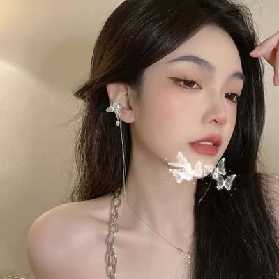 Pearl Butterfly Tassel Long Ear Clip Without Earrings, Female Summer Fairy Mori Earbone Clip Earrings Tide