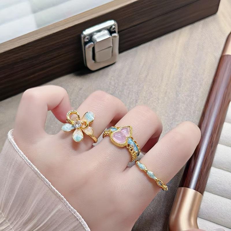 Retro Medieval Gradual Change Enamel Drop Glaze Opening Ring Women'S Niche Design Sense Light Luxury Sweet Cool Index Finger Ring