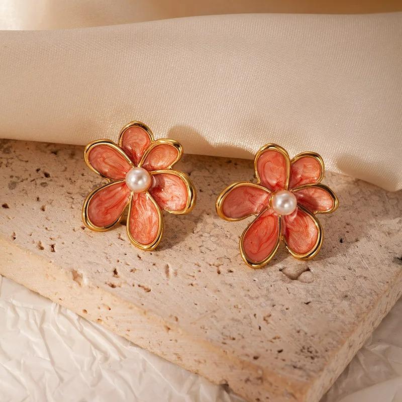 Vintage Smudging Enamel Pearl Drop Glaze Flowers Stud Earrings for Women Multi-colored Fashion Jewelry Accessories