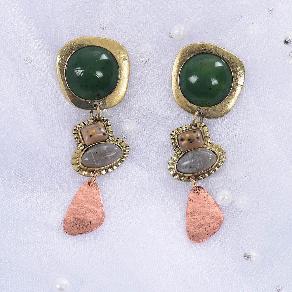 Bohemian Vintage Gem Earrings, Irregular Ethnic Exaggerated Metal Stud Earrings For Women