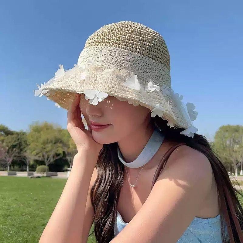 Lace Straw Sun Hat Children's Large Brim Summer Breathable Straw Hat Seaside Full Face Shading Sun Protection Hat Tide