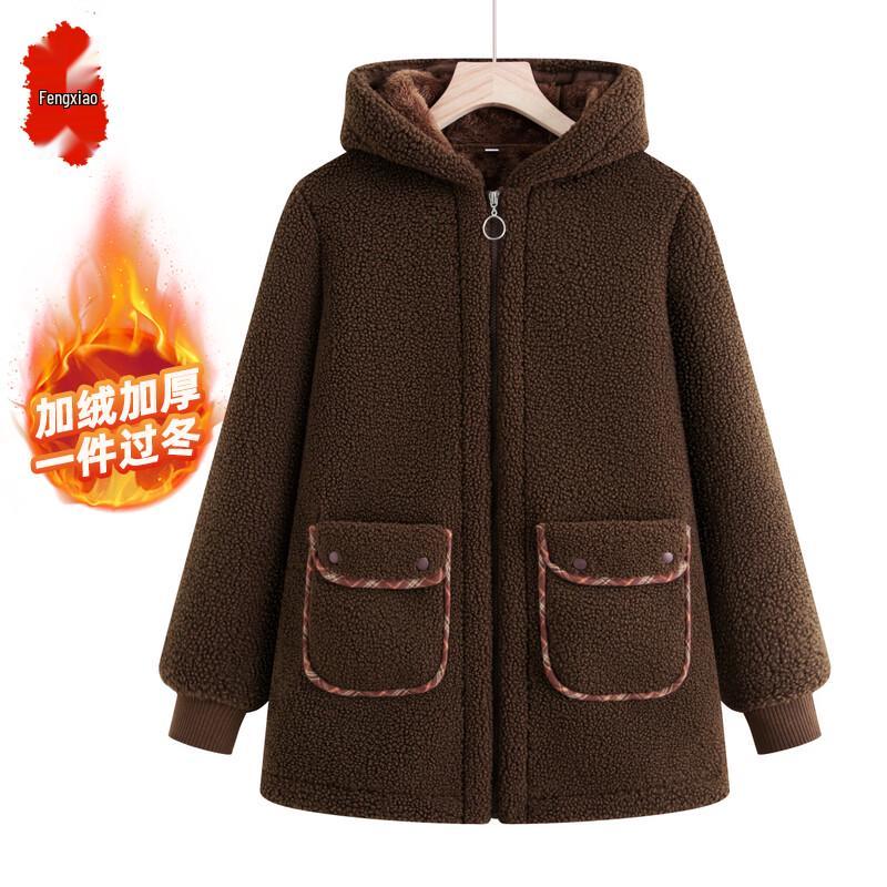 Middle-aged Women's Faux Lamb Wool Lined Hooded Winter Jacket