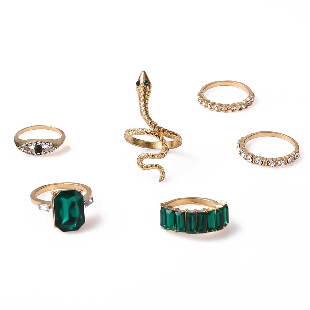 Vintage Emerald Snake-Inspired Diamond-Studded 6-Piece Knuckle Ring Set