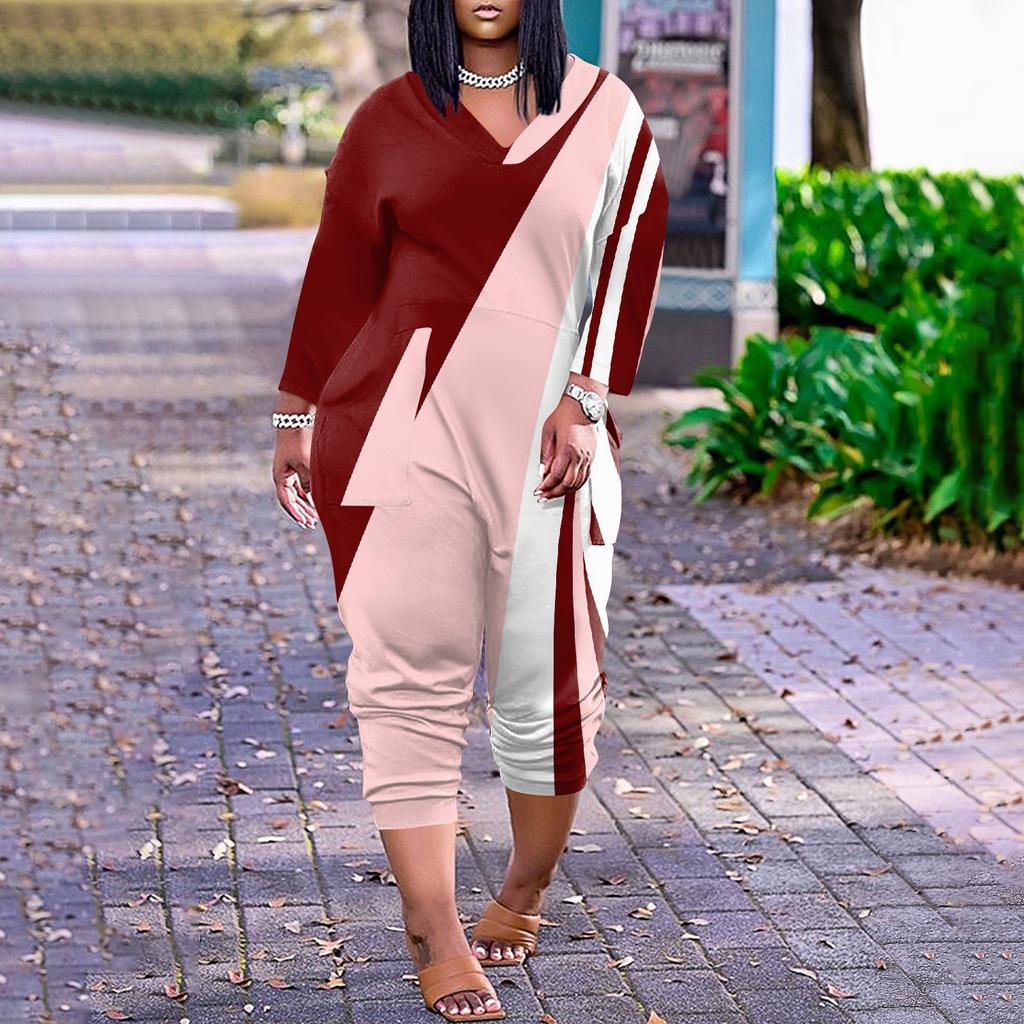 Lockerer, lässiger Jumpsuit mit V-Ausschnitt und langen Ärmeln für Damen in großen Größen