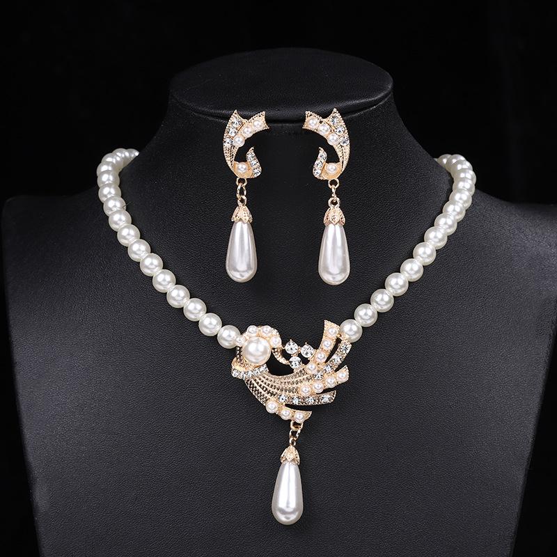 Elegant Pearl and Alloy Floral Jewelry Set: Water Drop Necklace & Earrings for Women