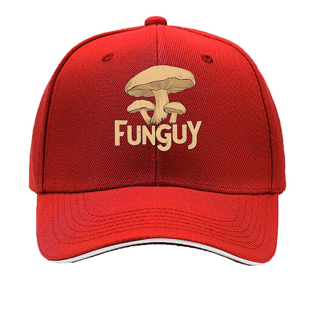 UnisexAposS Baseball Cap with Mushroom Print FUNGUY Lettering Lightweight NonStretch Fabric Sandwich Baseball Cap One Size