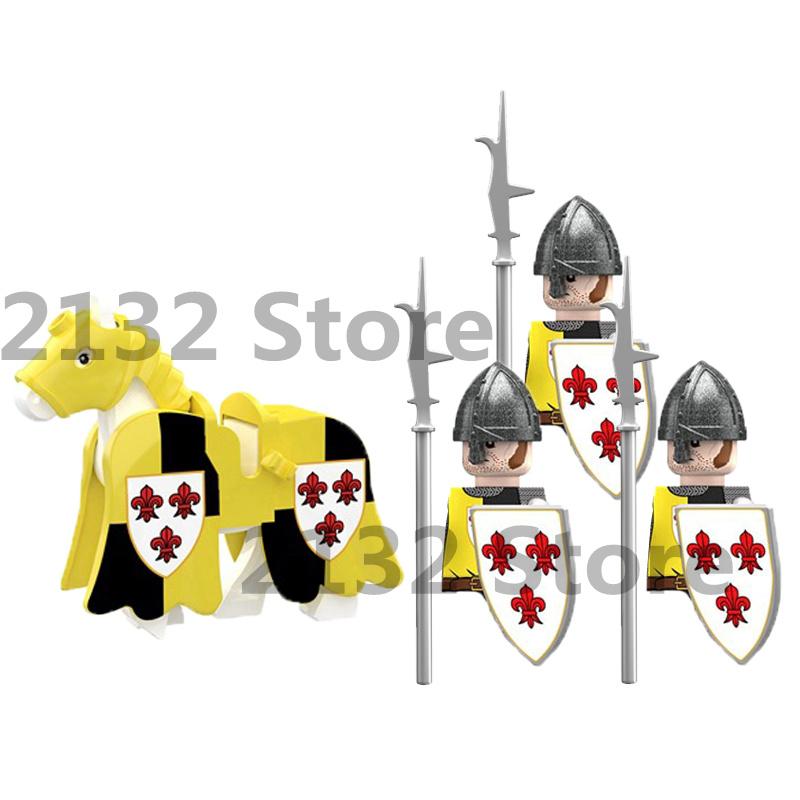 Medieval Castle MOC Building Blocks Wolf Warriors Soldier Figure Crusader Knights Horse Flag Vests Shield Weapon Toys Gifts T022
