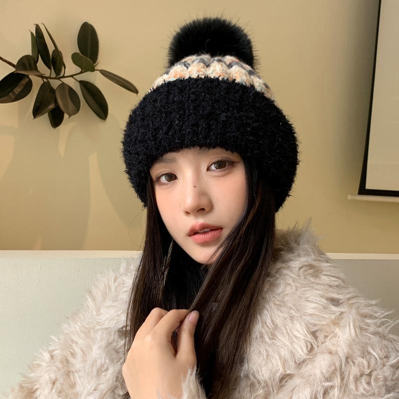 Autumn and Winter Hat Female Cute Hairball Cold Hat Rabbit Fur Fleece Warm Hat