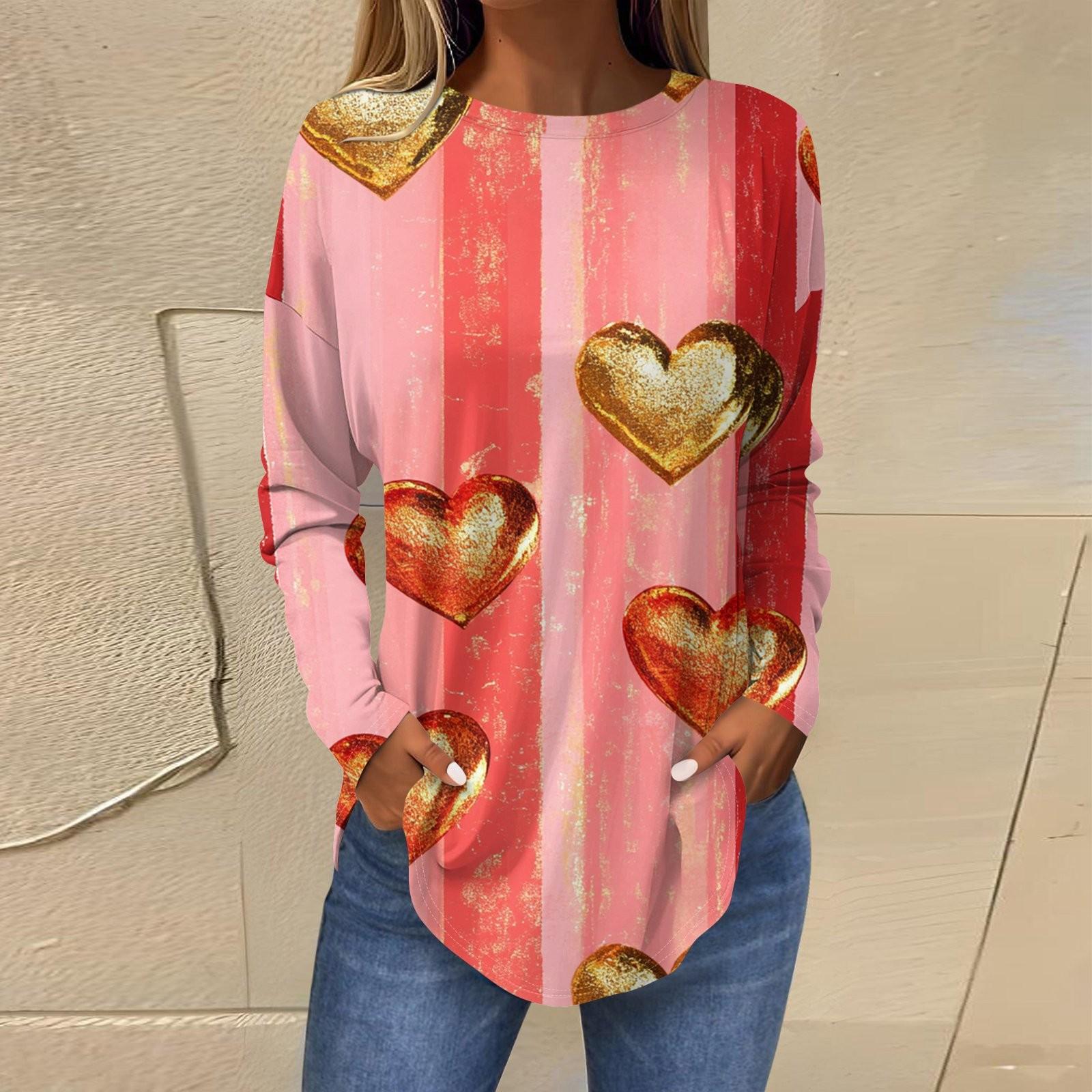 

Женская мода День святого Валентина Любовь Сердце Принт Длинный рукав Свободный круглый вырез Длинная футболка Топ XL арбуз красный