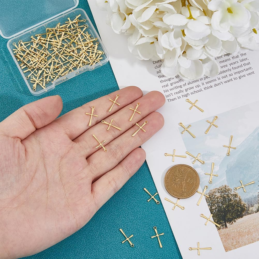 DICOSMETIC 100Pcs Stainless Steel Cross Charms 0.6x0.4x0.03 Inch Easter Golden Crucifix Charm Religious Crosses Pendants Blank Cross Pendants Prayer