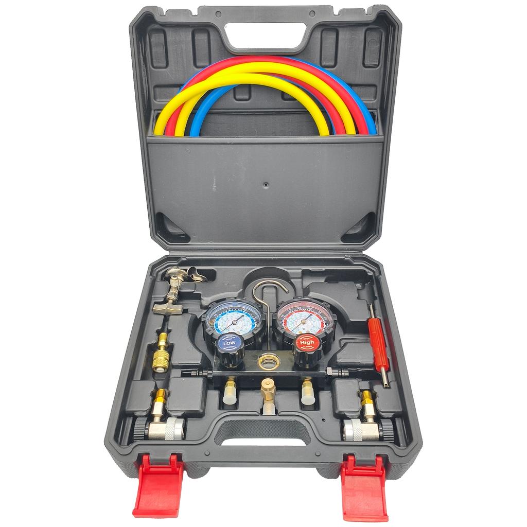 R410A R22 R134a R404A AC Manifold Meter Kit for Refrigerant, 3 Way Freon Charging Sleeve with 1.45m Hose, Coupler and Adapter