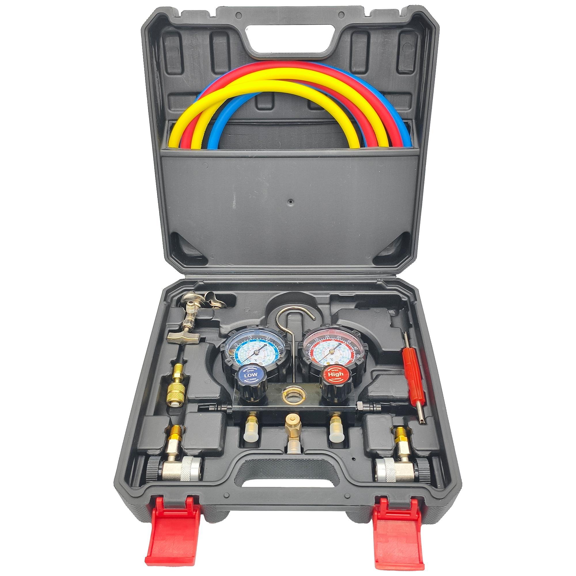 

R410A R22 R134a R404A AC Manifold Meter Kit for Refrigerant, 3 Way Freon Charging Sleeve with 1.45m Hose, Coupler and Adapter