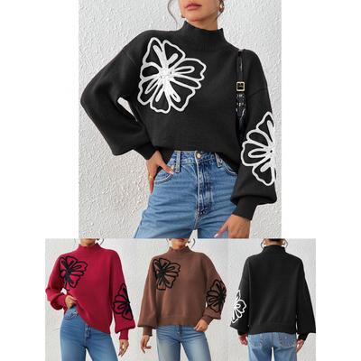 Damen Herbst Winter Oberteil mit dreidimensionalen Bandstickerei-Blumen, halbohem Kragen, Laternenärmeln, Pullover