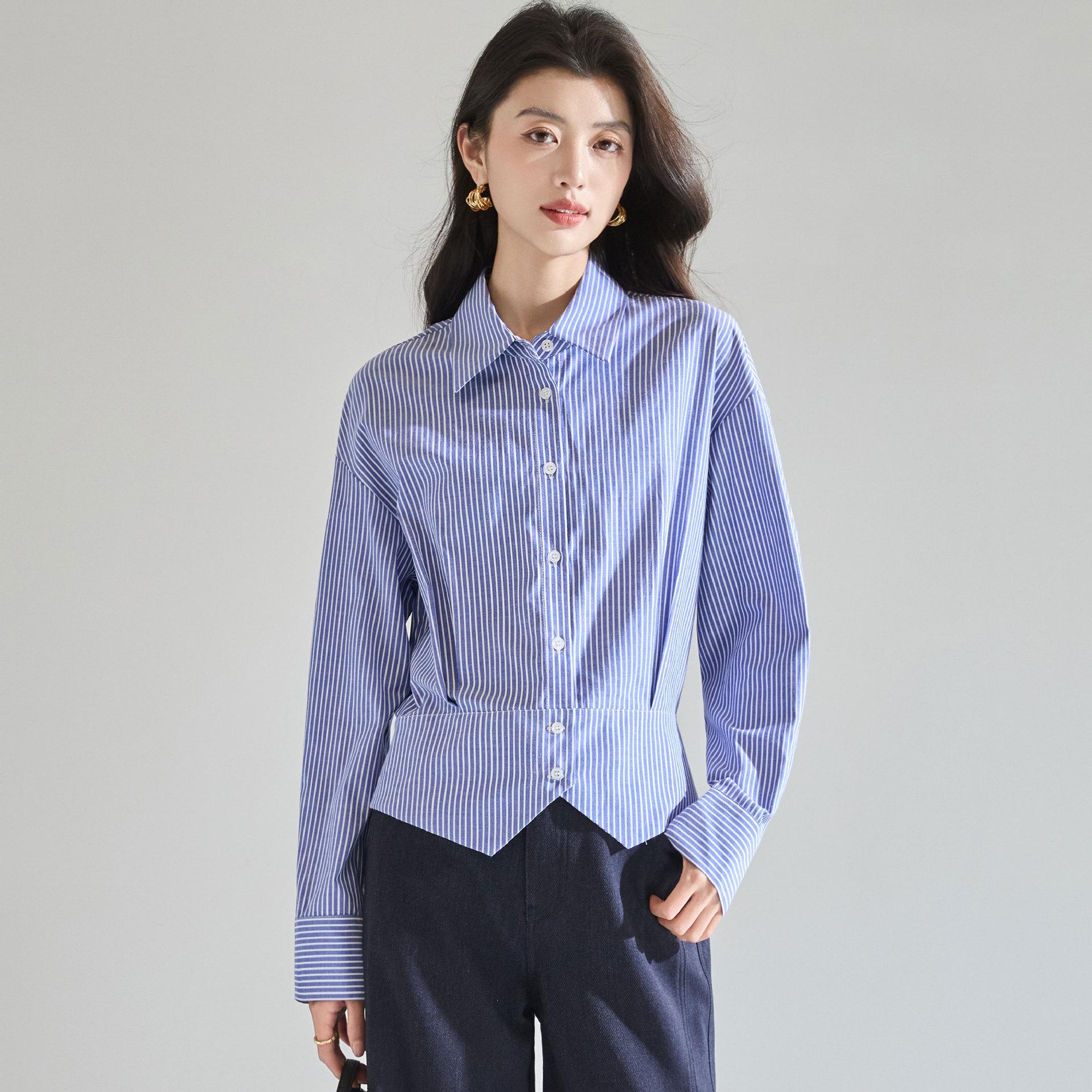 

Miu Style Blue Striped Waist-Cinched Wrinkle-Resistant Shirt - Elegant, Casual, and Versatile for Commute (Model 25760) Extra Large синий