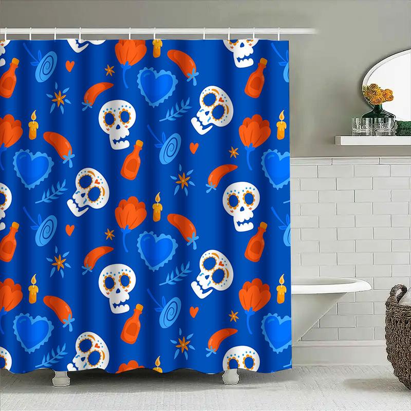 Blue Waterproof Fabric Shower Curtain With Skull Flower Print For Home Decoration Bathroom Accessories