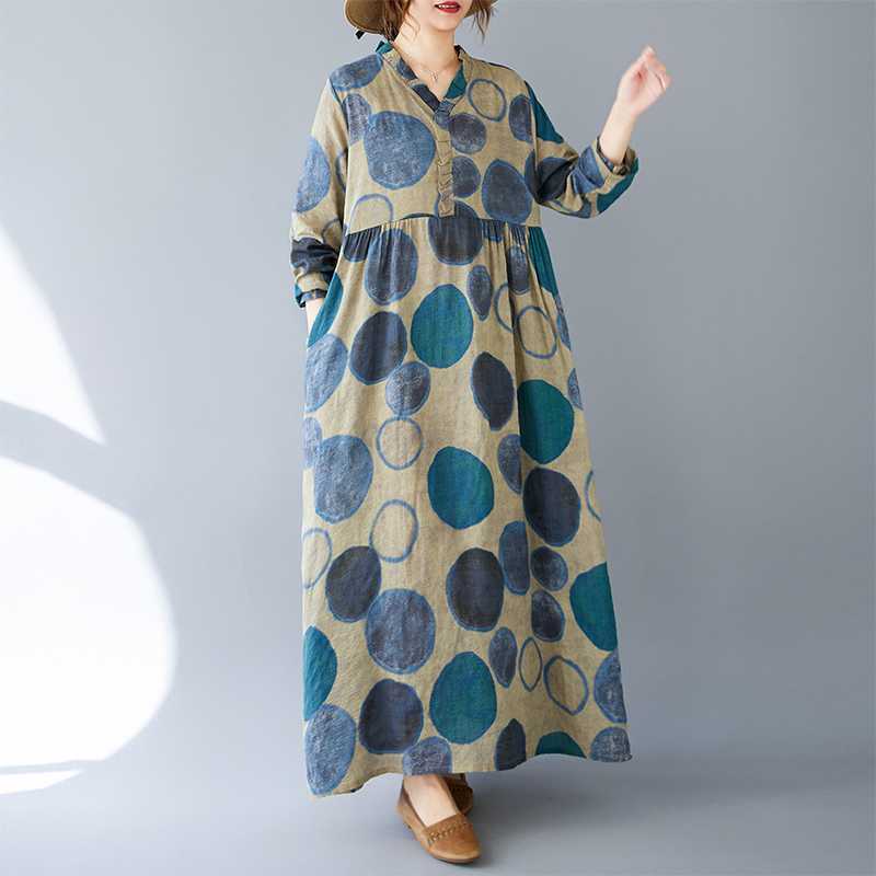 Real Spring and Summer New Retro Cotton and Linen Printing Loose Casual Fungus Lace Collar Long-sleeved Big Swing Dress