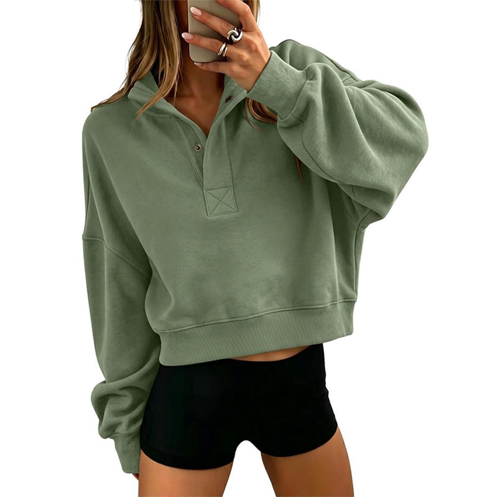 Women's Color Loose Fit Half Zip Button Long Sleeve Sweatshirt Top