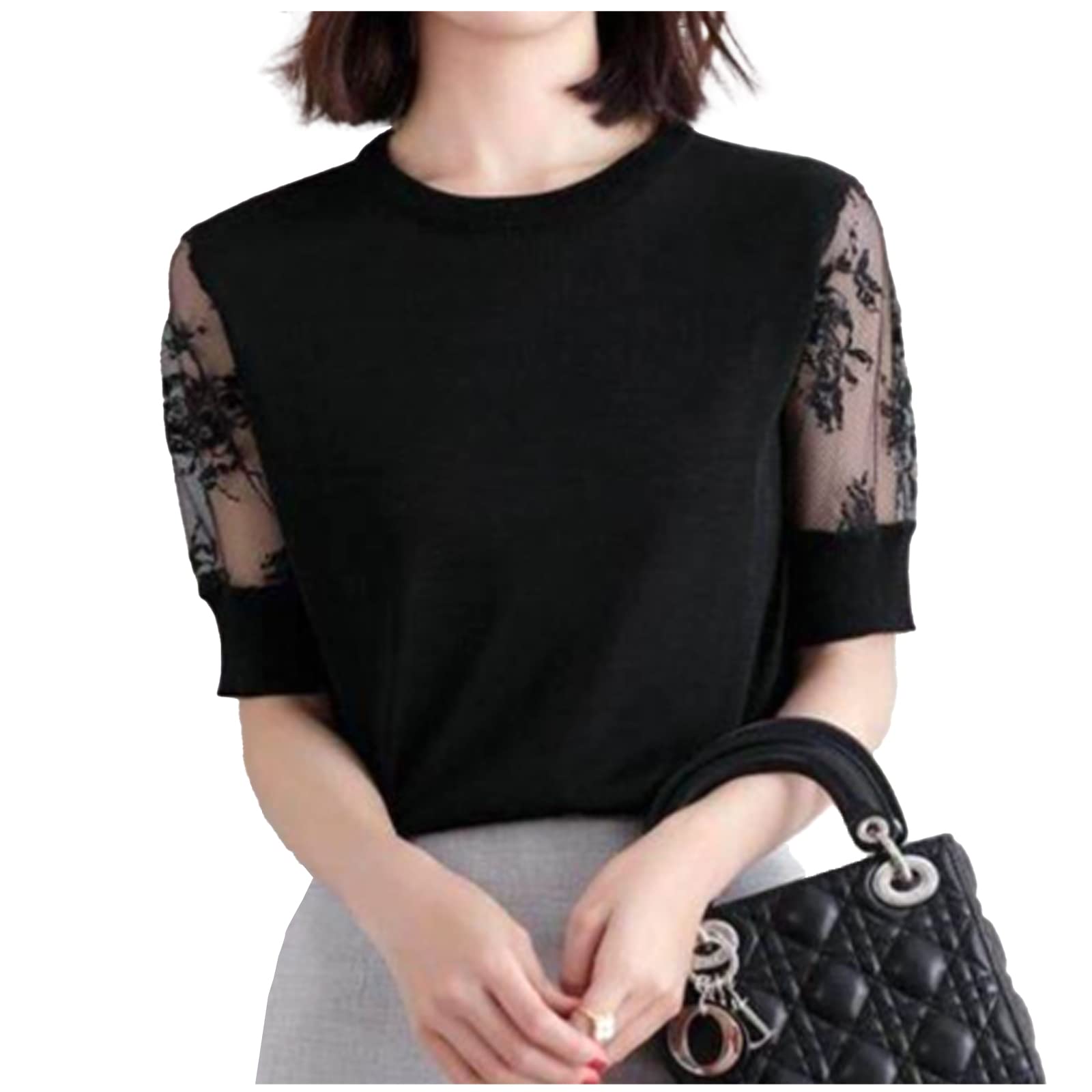 

Топ женский летний с кружевными рукавами цвета зеленого чая, рукав, прозрачный (Л, Черный) чёрный