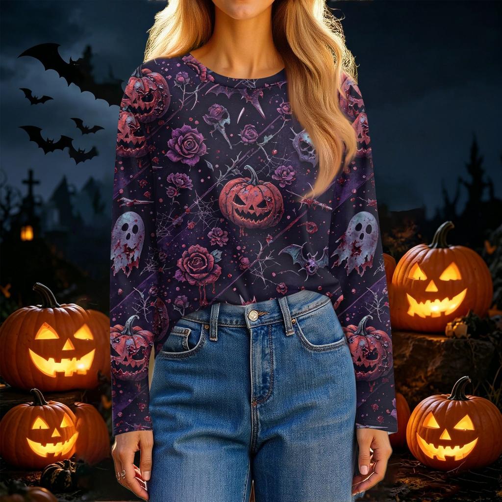 Women's Casual Long Sleeve Halloween Print Round Neck T-Shirt
