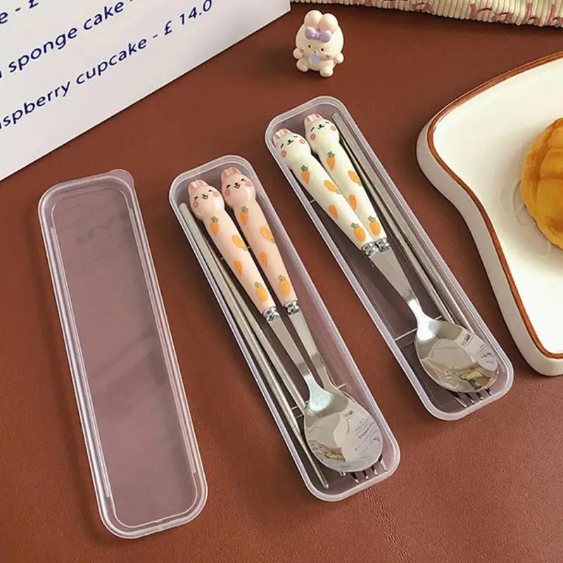 Spoon Fork Chopsticks Sets Stainless Steel Cartoon Bunny Cute Cutlery set in Storage Box