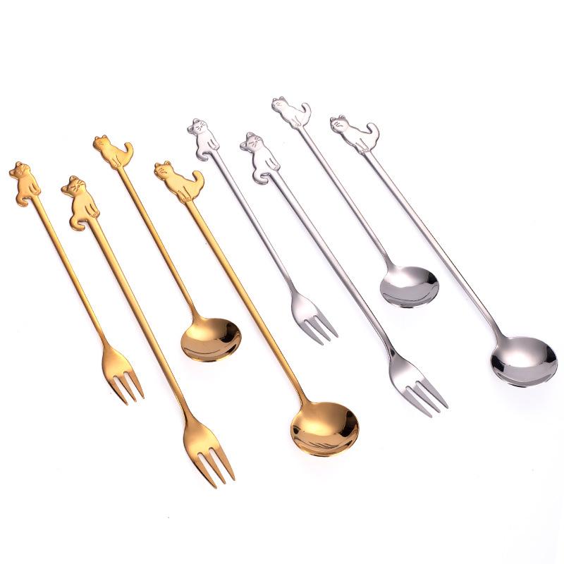 Creative Stainless Steel Tableware Cute Cat Dessert Spoon Fork Coffee Stirring Spoon Fruit Fork Mug Spoon Fork