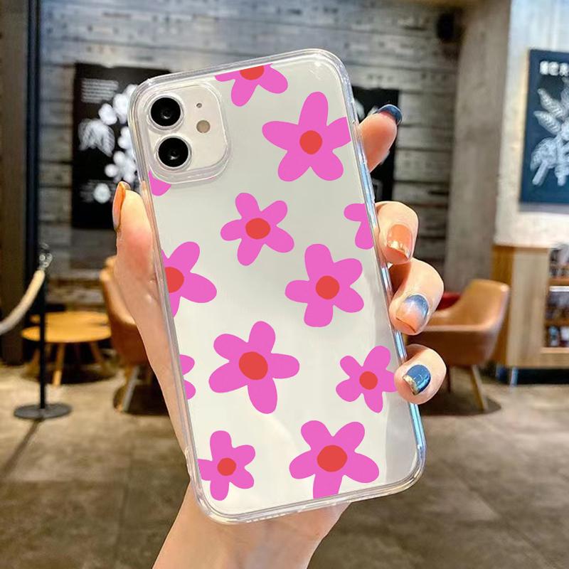 Lovely Summer Pink Black Daisy Flower Phone Case For iPhone 14 15 Pro MAX 11 13 12 XS X SE20 XR 7 8Plus Floral Clear Soft Cover