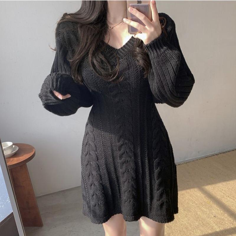 Fashion Elegant V-neck Long Sleeved Knitted Sweater Dress Korean Style Autumn Slim Fit Lace-up Long Sweater Solid Color Office Lady Dresses