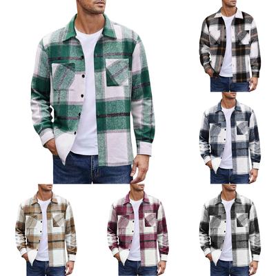 Herren Button-Down Doppelpattentaschen Warm Kariert Colorblock Lässig Bequem Hemdjacke