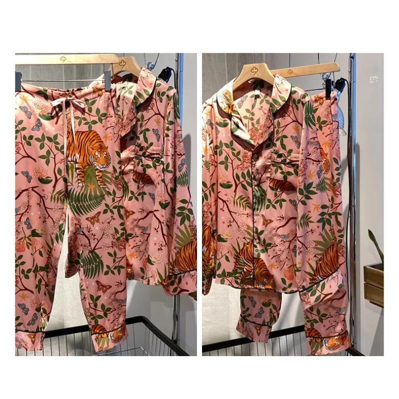

Новый комплект пижамы из искусственного шелка Jungle Tiger, женские розовые брюки с длинными рукавами, комплект из 2 предметов, женский шикарный домашний костюм M