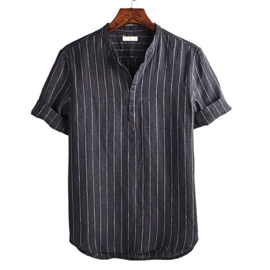 Męska koszulka z krótkim rękawem w paski z dekoltem w serek, stójką, casualowy T-shirt, odzież męska