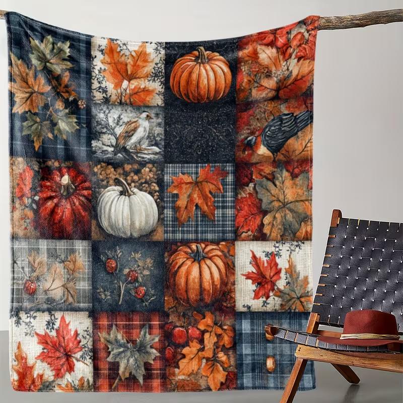 Heavyweight Flannel Throw Blanket - Soft Plush All-Season Warmth, Pumpkin Maple Leaf Patchwork-Like Fall Foliage Print In Orange
