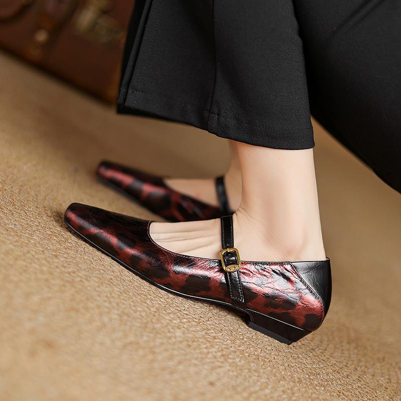 Krazing Pot Cow Skin Spring Summer Size 41 Thick Low Heels Women Square Toe Leopard Metal Buckle Shallow Pumps